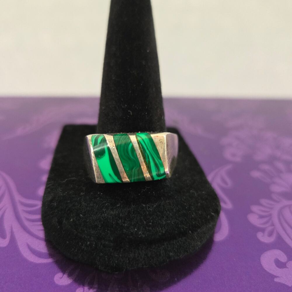 VTG Men's 925 Sterling Silver Mexico Green Malachite Inlay Ribbon Ring Size 10.5